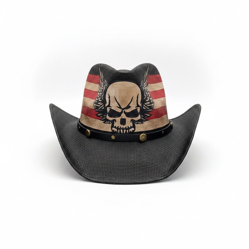 Black Cowboy Hat American Skull